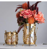 elvesmall Metal Glassflower Vase Golden Hollow Frame Hydroponic Flower Arrangement Home Decoration Multifunctional Candle Holder