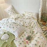 elvesmall Romantic Flower Lace Bedding Set with Ruffles for Girls and Women Sets Full Bed Sheets Quilt Comforter Duvet Complete King Size