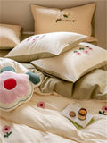 elvesmall  High-end Double Yarn 100% Cotton Bedding Set Lovely Cartoon Embroidery Queen Duvet Covet Set Pure Cotton Air-Permeable Bed Sets