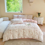 elvesmall Double-layer Cotton and Linen Bedding Set Four-piece Floral Washed Cotton Quilt Cover Net Celebrity Bed Sheet Student BeddingSet