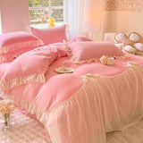 elvesmall Winter Bedding Set Thick Double Sided Milk Velvet  Lace Coral Velvet  Meeting Set Bed Sheet Duvet Cover Set Comforter Set Warm