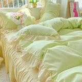 elvesmall  Princess Korean Style Bedding Set Aesthetic Queen Full King Size Solid Color Double Bed Bedspread Sheets Ruffled Duvet Cover Set