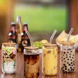 elvesmall  -  1/2/4pcs Drinking Glasses With Bamboo Lids And Glass Straw Set 16oz Can Shaped Glass Cups Beer Iced Coffee Glasses Tumbler Cup