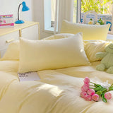 elvesmall High Quality INS Style Solid Color Bedding Set Washed Cotton Bed Linen Yellow Duvet Cover Flat Sheet Pillowcase Girls Bedclothes