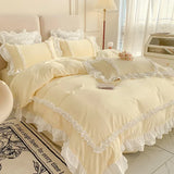 elvesmall  Korean Princess Bedding Set Washed Cotton Bed Cover Girl Heart Pure Color Lace Bow Quilt Coverflat Sheet Decor Home Textiles
