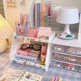 elvesmall Kawaii Double Layers Desktop Storage Shelves Stationery Organizers Rack Large-capacity File Storage Tray Office Desk Accessories