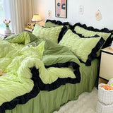 elvesmall Bubble Yarn Seersucker French Style Princess Lace Bedding Set Duvet Cover Set Skirt Sheet Queen For Girl Decor Home