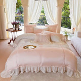 elvesmall 600TC Bamboo Lyocell Premium Elegant Sweet Bedding Set French Romance Flowers Embroidery White Lace Ruffle edge Duvet Cover 4Pcs