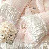 elvesmall Korean Style Princess Bedding Set Luxury Pink Lattice Duvet Cover Ruffles Lace Bedspread Bed Sheet Pillowcases