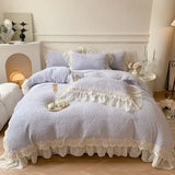elvesmall French Vintage Double Layer Lace Ruffles Carved Velvet Duvet Cover Set Winter Bedding Set Plush Quilt Cover Bed Sheet Pillowcase
