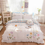 elvesmall  white pastoral style flowers Embroidered Ruffle Cotton Bedding Set Duvet Cover Bed Linen Fitted Sheet Pillowcases Home textiles