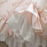 elvesmall  Super Sweet Solid Color Bedding Sets Luxury Princess Wedding Pink Lace Ruffle Cotton Duvet Cover Bedspread Bed Skirt Pillowcases
