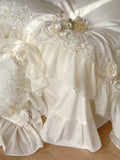 elvesmall Egyptian Cotton Wedding Bedding Set, Romantic French Lace Ruffles, Flowers Embroidery, Duvet Cover, Bed Sheet, Pillowcases