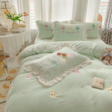 elvesmall Small Fresh Lace Embroidery Thickened Milk Flour Four Piece Set Of Farai Flour Winter Quilt Covers, Bed Sheets, Warm Bedding