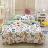 elvesmall  Kawaii Kids Bedding Set Soft Cotton Flat Fitted Sheet Duvet Cover Pillowcases Single Queen Cartoon Boy Girls Dormitory Bed Linen