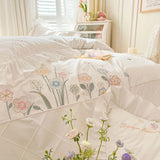 elvesmall  Ruffle Trim White Flower Embroidery Cotton Bedding Set Duvet Cover Linen Fitted Sheet Pillowcases Home Textile