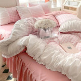 elvesmall Ins Princess Style Korean Lace Bed Four-piece Set Bed Skirt Dormitory Bed Sheet Quilt Cover Bedding Set Three-piece