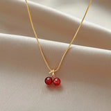 elvesmall Wine Red Cherry Gold Colour Pendant Necklace Earrings set For Women Personality Fashion Necklace Wedding Jewelry Birthday Gifts