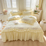 elvesmall 100% Cotton Princess White Bedding Sets Korean Ruffle Bedspread Flower Embroidery Duvet Cover Bed Skirt Pillowcases Home Textile