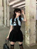 srczz Preppy Style Womens Two Piece Sets Shirt Sexy Outfit High Waist Corset Strap Pleated Skirt Vintage School Uniform Suit Summer