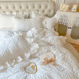 elvesmall  100% Cotton Korean Princess Solid White Bedding Sets Ruffle Bedspread Flower Embroidered Duvet Cover Bed Skirt Pillowcases
