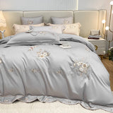 elvesmall Egyptian Cotton Bedding Set Flowers Embroidery, Duvet Cover Set, Bed Sheet, Pillowcases, Luxury, Champagne Grey, Luxury, 1000TC