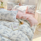 elvesmall Double-layer Cotton and Linen Bedding Set Four-piece Floral Washed Cotton Quilt Cover Net Celebrity Bed Sheet Student BeddingSet