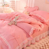 elvesmall Green Bedding Sets Kawaii Seersucker Bed Sheet Pillowcase Fashion Girl Princess Duvet Cover 4 Pieces Cute Home Decoration