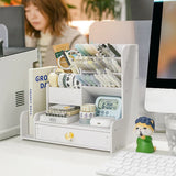 elvesmall  Mark Pen Pencil Holder Wooden Desk Organizers Shelves Accessories Desktop Stationery Organizer Bookshelf Home Office Storage Box