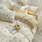 elvesmall Double-layer Cotton and Linen Bedding Set Four-piece Floral Washed Cotton Quilt Cover Net Celebrity Bed Sheet Student BeddingSet