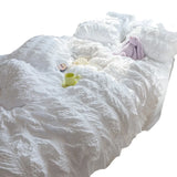 elvesmall White Ruffled Seersucker Duvet Cover Set for Girls, Soft Princess Bedding Set with Bed Sheet, Pillowcases, 3 Pcs, 4Pcs