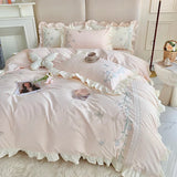 elvesmall  100%Cotton Princess Bedding Set Soft Washed Cotton Flowers Embroidery Lace Ruffles Quilt Cover Set Flat/Fitted Sheet Pillowcases