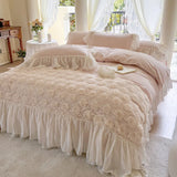 elvesmall  Korean Style Pink Lace Bedspread Bedding Set King Queen Luxury Princess Duvet Cover Bed Skirts Bedcloth Soft Cotton Home Textile
