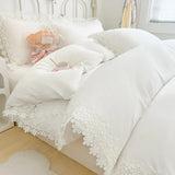 elvesmall  Solid Color Bedding Set with Lace Edge Princess Style Pink Bed Cover Set Queen/King Bed Sheet Sets for Girls Double Bedding Sets