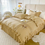 elvesmall 100% Cotton Solid Color Vintage Ruffled Duvet Cover Farmhouse Rustic Comforter Cover Geometric Stripes Bedding Set with 2 Sham