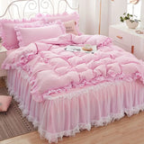 elvesmall  Princess Girl Pink Bedding Skirt Sheet With Lace Korean Solid Color Bed Cover Pillowcase Decor Bedroom Wedding Couple Bedclothes