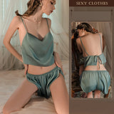 elvesmall  2 piece Sleeveless Sleepwear set Sexy charm Bifurcated Nightwear Ice Silk Breath Nightgown Lounge Camisole Home Suit Lingerie