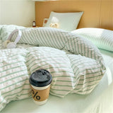 elvesmall Stripe Bedding Linen with Pillowcase Sheet Single Full Queen Size Bedspread Soft Seersucker Duvet Cover for 1.5m 1.8m 2.0m Bed