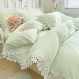 elvesmall  Solid Color Bedding Set with Lace Edge Princess Style Pink Bed Cover Set Queen/King Bed Sheet Sets for Girls Double Bedding Sets