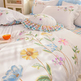 elvesmall  white pastoral style flowers Embroidered Ruffle Cotton Bedding Set Duvet Cover Bed Linen Fitted Sheet Pillowcases Home textiles