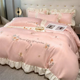 elvesmall Flower Embroidery Lace Ruffles Bedding Set Skin-friendly Washed Cotton Princess Style Wedding Duvet Cover Bed Sheet Pillowcases