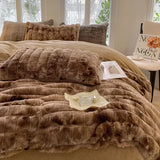elvesmall  Faux Rabbit Fur Autumn Winter Warm Bedding Set Plush Skin Friendly Breathable Warmth Duvet Cover Set Queen Cozy Quilt Cover Sets