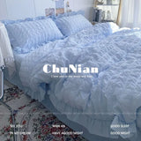 elvesmall  Quilt Cover INS Girl Blue Solid Color Seersucker Ruffles Lace Bedding Set Kawaii  Soft Sheet Woman Duvet Cover Pillow Covers
