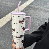 elvesmall 1200ml Kawaii Puppy Thermos Mug Tumbler For Ice Coffee Water Tea Large Cute Stainless Steel Car Thermal Cups With Straw Handle