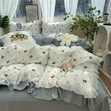 elvesmall Romantic French Flowers Lace Ruffles Bedding Set Washed Cotton Duvet Cover Bed Flat Sheet Pillowcases Girls Couple Bed Linens