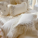 elvesmall Beige Egyptian Cotton Bedding Sets Luxury Princess Chiffon Lace Bedclothes Rose Embroidery Duvet Cover Bed Sheet Pillowcases