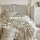elvesmall  100%Cotton 1000TC French Vintage Chic Bedding White Ruffle Lace Comforter Cover Soft Bed Sheet 2 Pillowshams Double Queen King