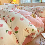 elvesmall  Winter Thickened Warm Flannel Queen Bedding Set Home Textile Cartoon Cute Duvet Cover Sheet Pillowcase 4pcs Luxury Bed Linen Set