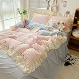 elvesmall Ruffled Pink Blue Duvet Cover Set Twin Queen Washed Microfiber Ultra Soft Bedding set Grid Duvet Cover Bed Sheet 2 Pillowcases