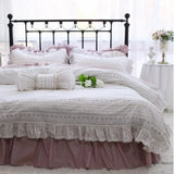 elvesmall  France Style Bedding Set Luxury Purple Princess Bedspread White Printing Egyptian Cotton Lace Duvet Cover Bed Skirt Pillowcases